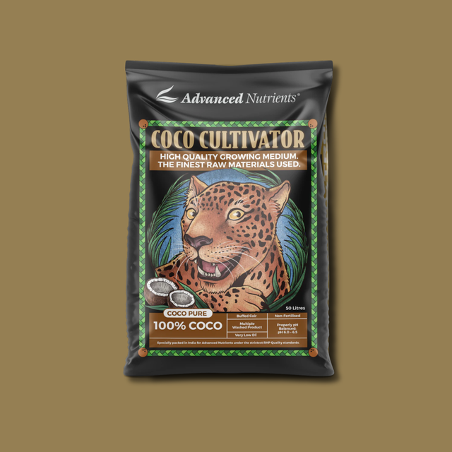 Advanced Nutrients Coco Cultivator packaging with a leopard illustration on a brown background