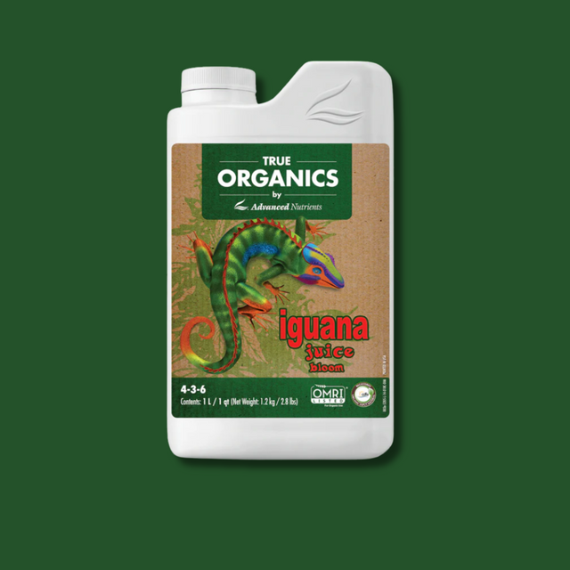 True Organics by Advanced Nutrients Iguana Juice Bloom fertilizer bottle on a green background