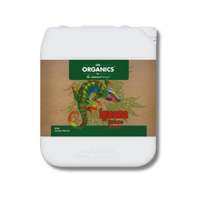 Container of iguana juice with a green label featuring an iguana illustration on a white background.