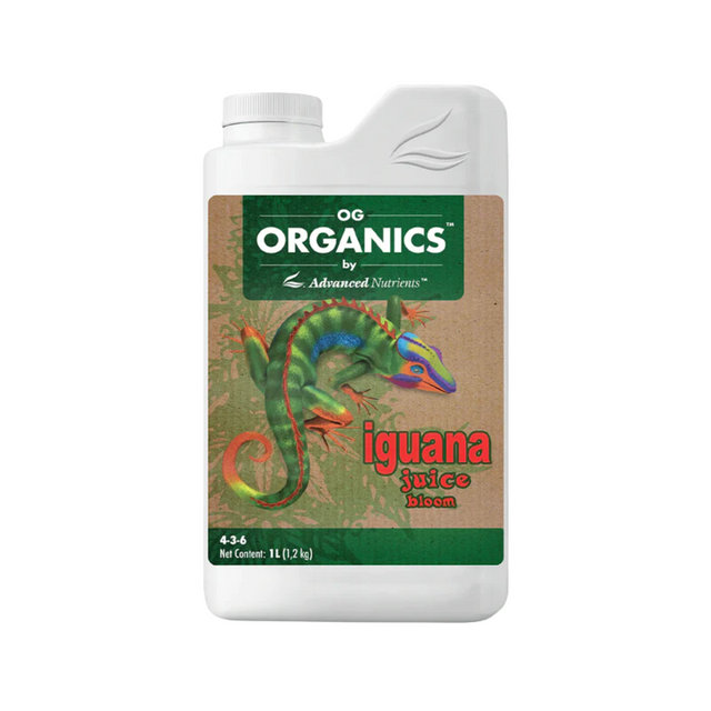 Fertilizer container with 'OG Organics' branding and a colorful iguana illustration on a white background.