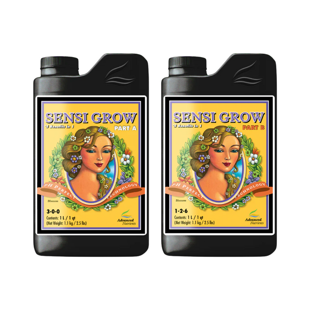 Two bottles of Sensi Grow plant nutrients on a white background