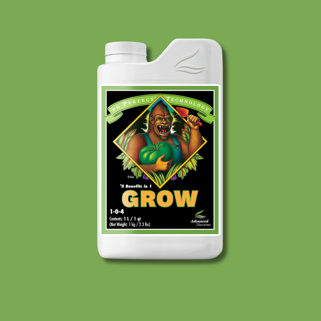 Fertilizer bottle labeled 'Grow' on a green background