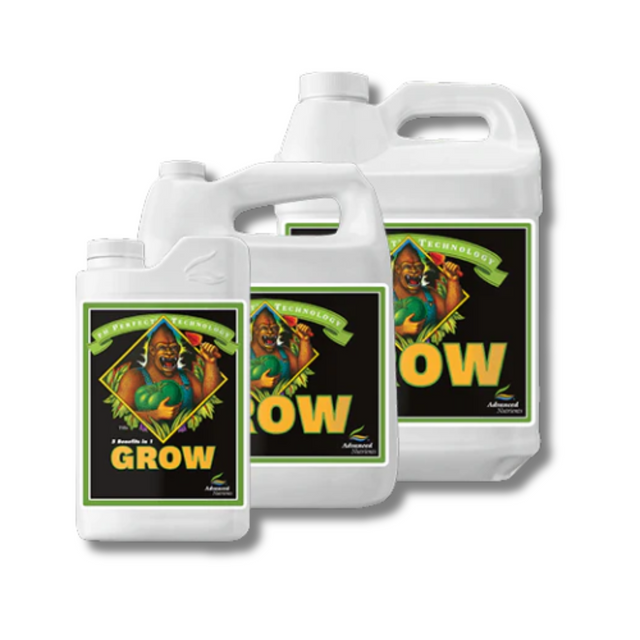 Three bottles of Advanced Nutrients Grow fertilizer on a white background