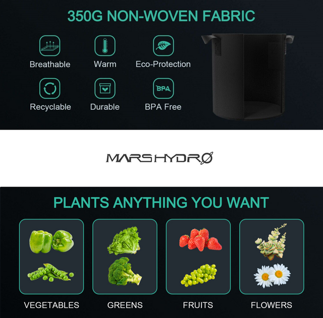 Mars Hydro Fabric Plant Pots - 18 Litre (5 Pack)
