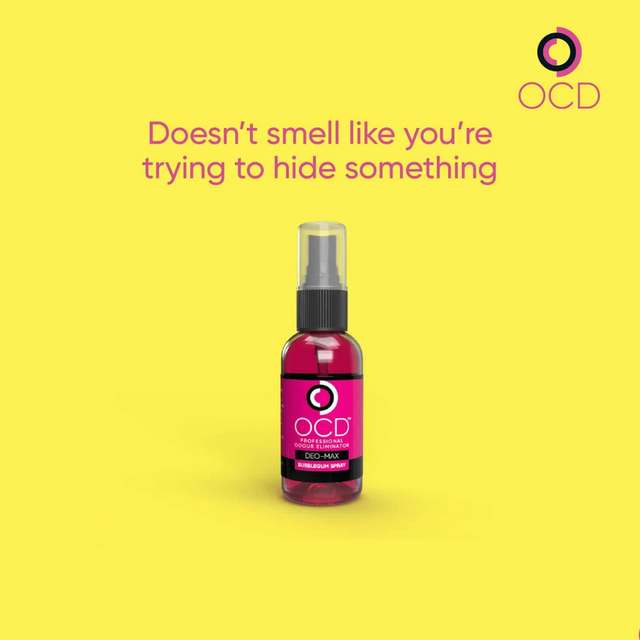 Bottle of OCD spray with text on a yellow background