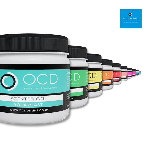 OCD Deo-Max Scented Gel range, ten scents lined up