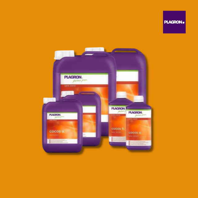 Plagron fertilizer bottles on an orange background with Plagron logo.
