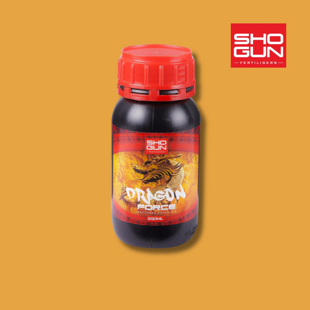 Shogun fertilizer bottle with red cap and dragon design on a yellow background