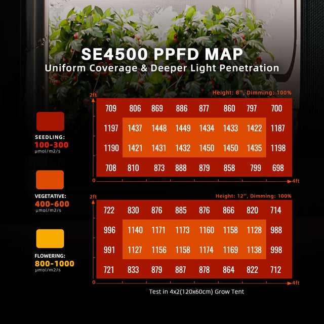 Spider Farmer SE4500 EVO LED Grow Light 320w PPFD Map