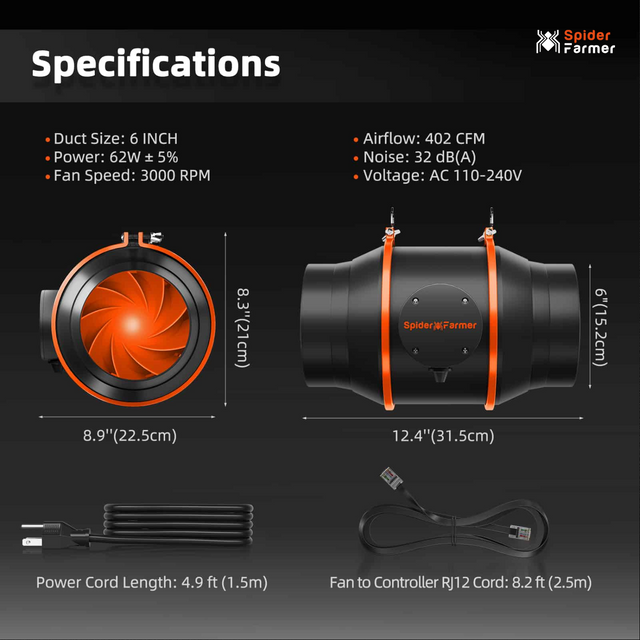 Spider Farmer 6" Inline Fan with GGS Controller
