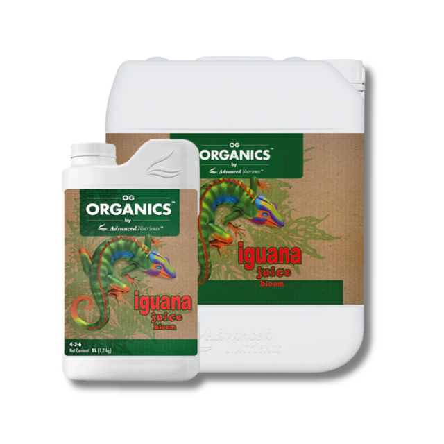 Two containers of 'Iguana Juice' by Organics by Advanced Nutrients on a white background