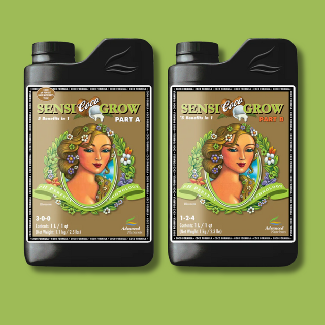 Two bottles of Sensi Coco Grow on a green background