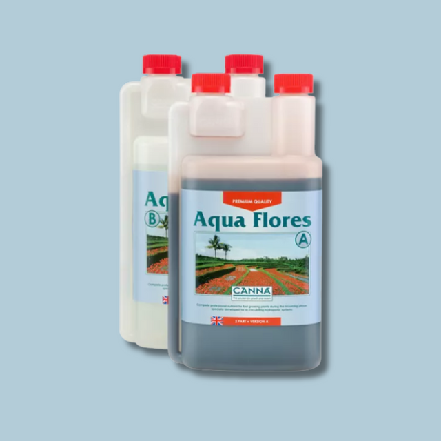 Two bottles of Canna Aqua Flores on a light blue background