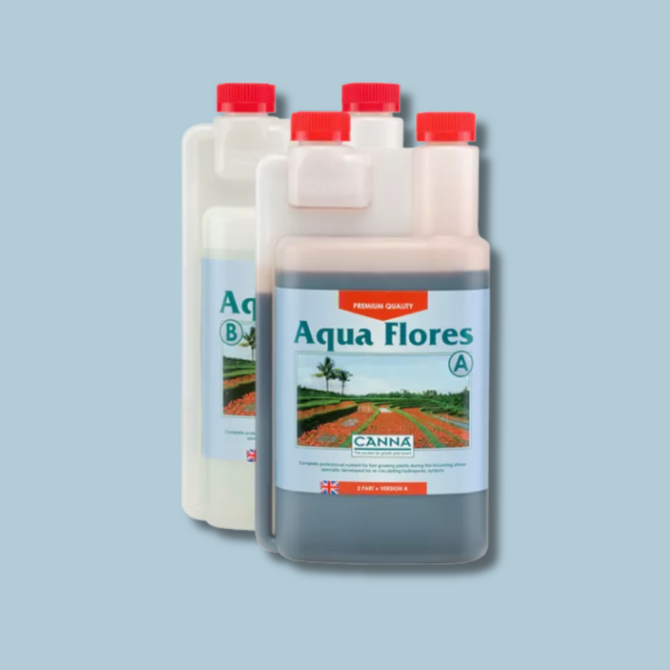 Two bottles of Canna Aqua Flores on a light blue background