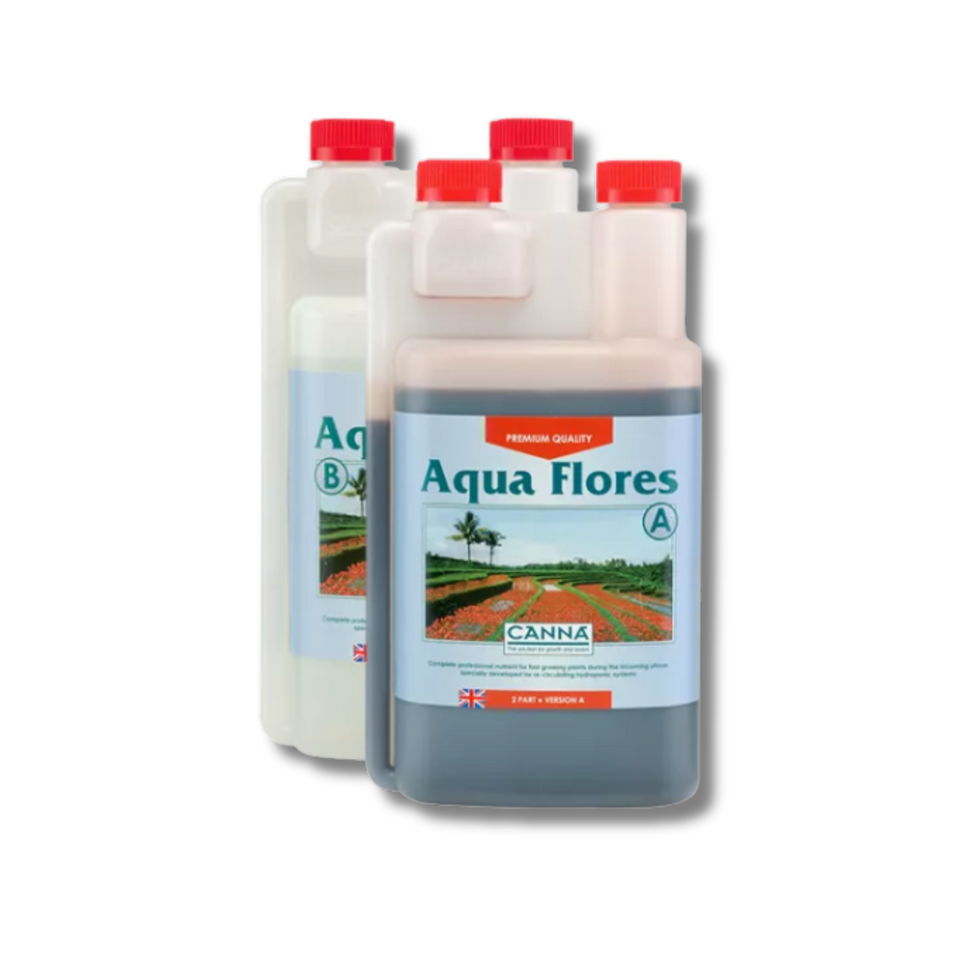 Two bottles of Canna Aqua Flores plant nutrient on a white background