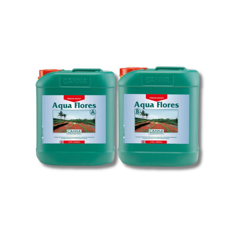 Two green containers labeled 'Aqua Flores' by Canna on a white background