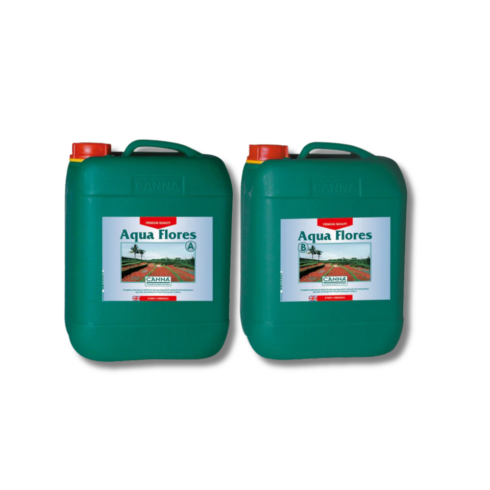 Two green containers labeled 'Aqua Flores' on a white background