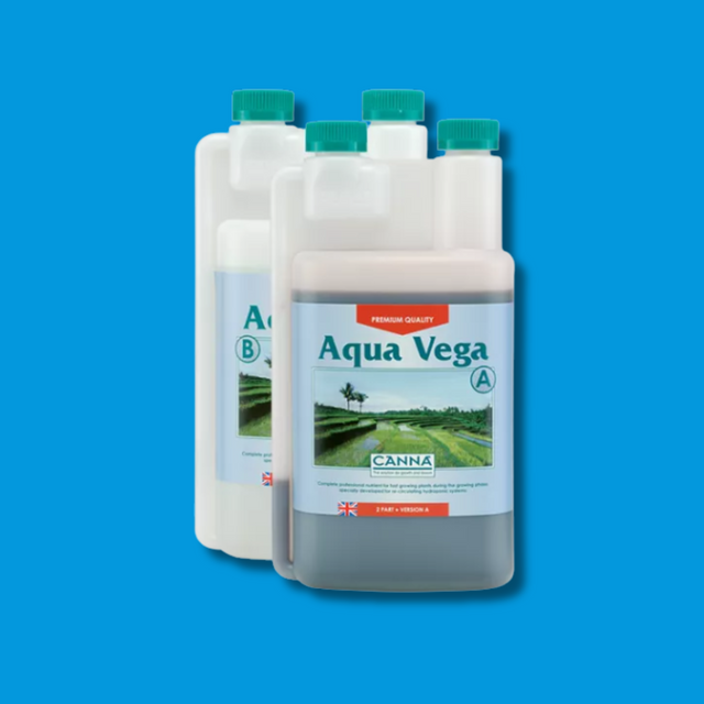 Two bottles of Aqua Vega Canna fertilizer on a blue background