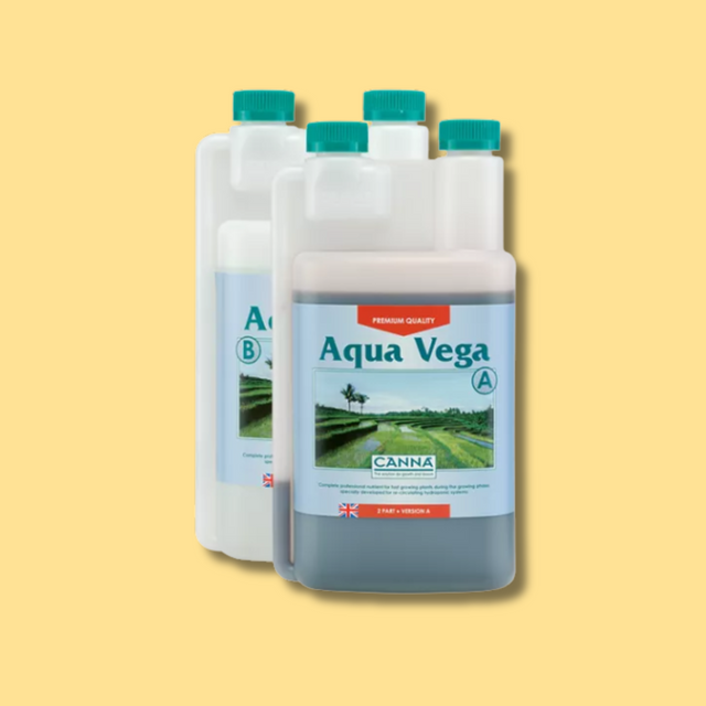 Three bottles of Aqua Vega Canna fertilizer on a yellow background