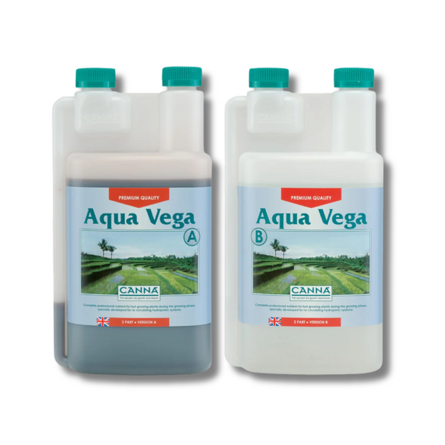 Two bottles of Aqua Vega Canna fertilizer on a white background