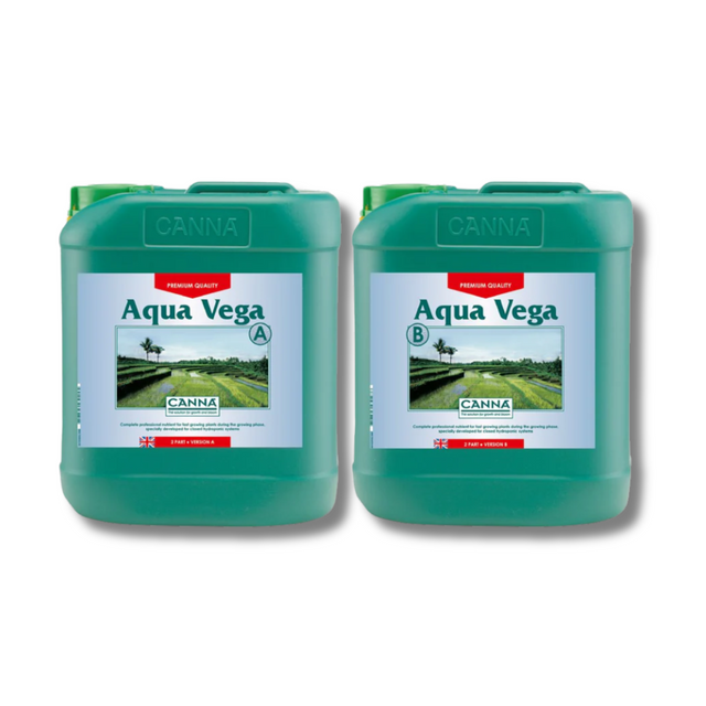 Two green containers labeled 'Aqua Vega' by Canna on a white background