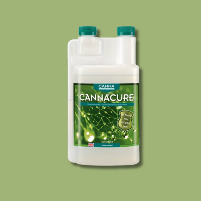 Canna Cure bottle on a green background