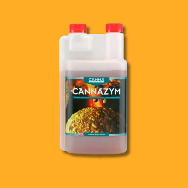 Two bottles of CannaZym on a yellow background