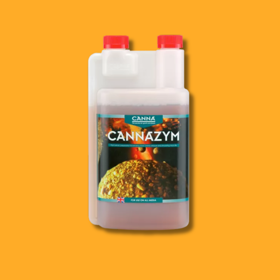 Two bottles of CannaZym on a yellow background