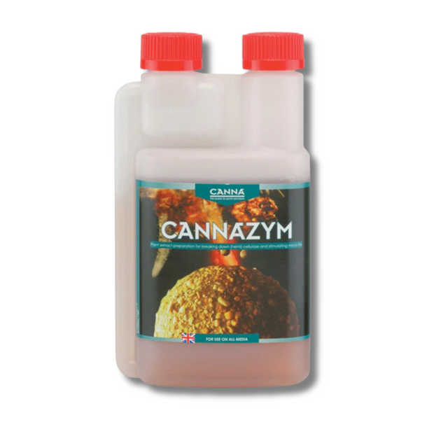 Canna brand CannaZym product with red caps on a white background