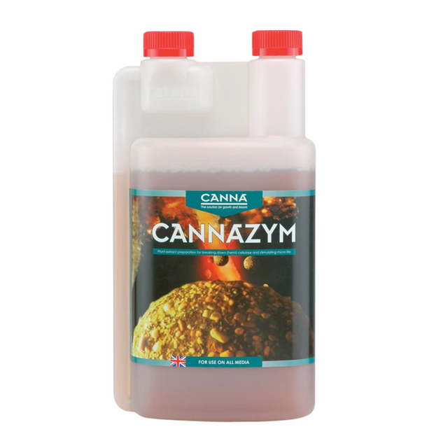 Canna Cannazym bottle with red caps on a white background