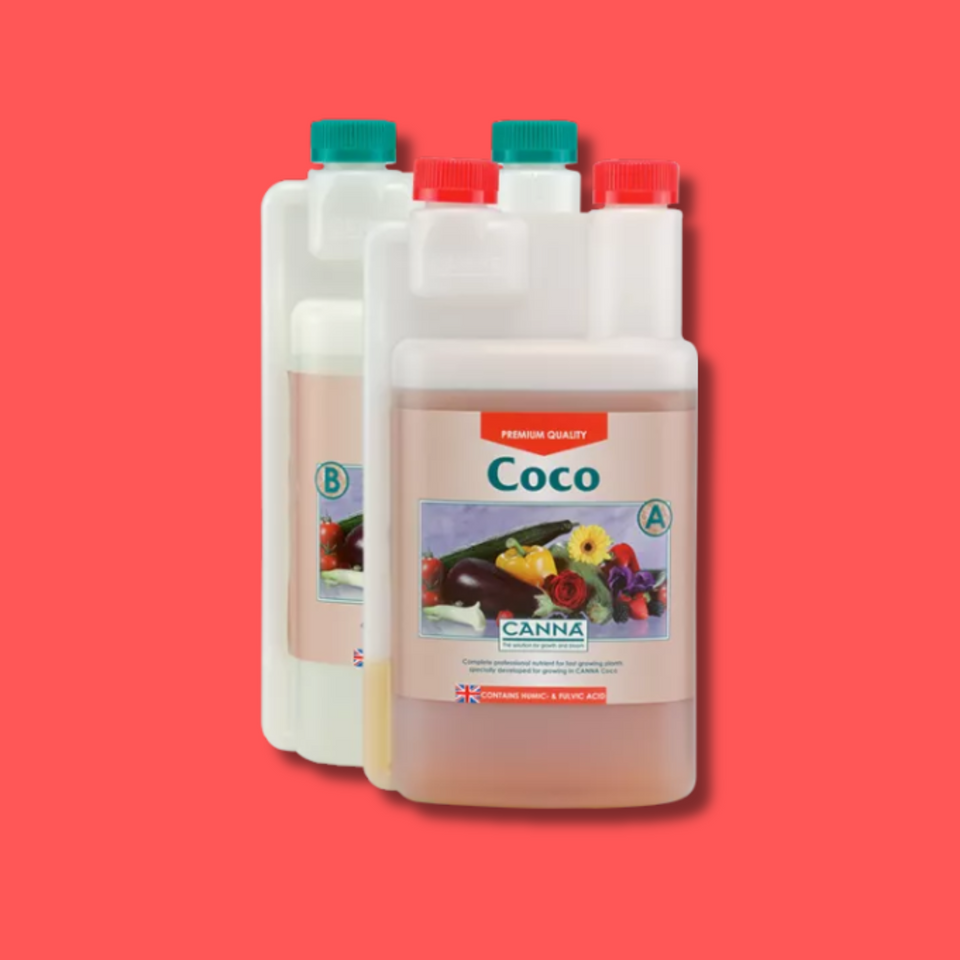 Two bottles of Canna Coco fertilizer on a red background