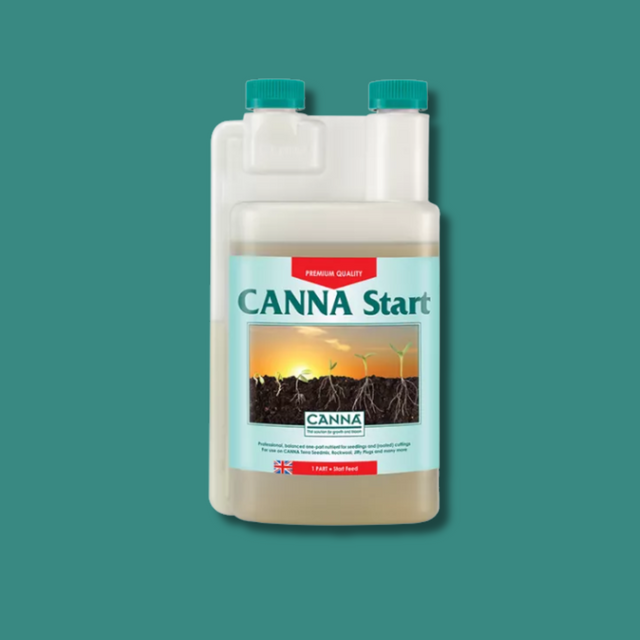 Canna Start fertilizer bottle on a teal background