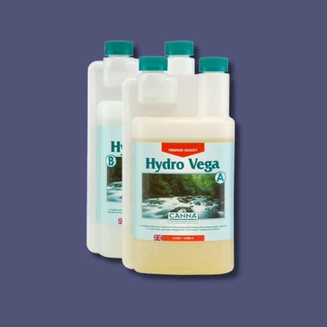 Three bottles of Hydro Vega Canna on a purple background