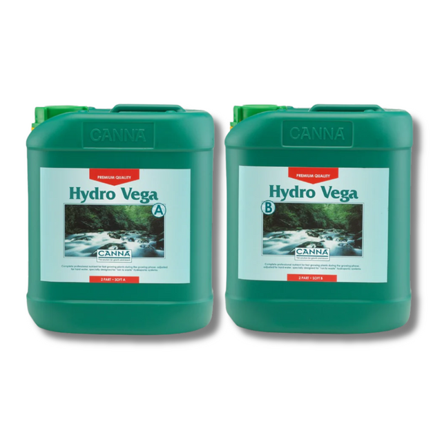 Two green containers labeled 'Hydro Vega' by Canna on a white background.
