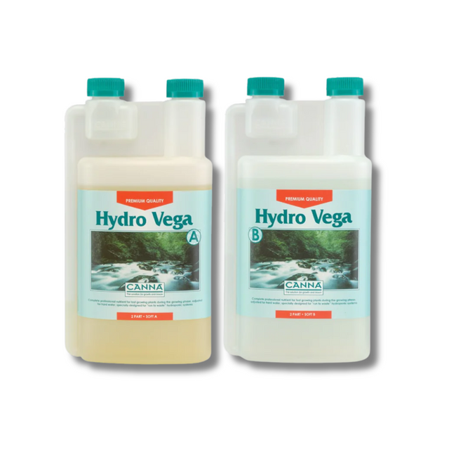 Two bottles of Hydro Vega Canna fertilizer on a white background