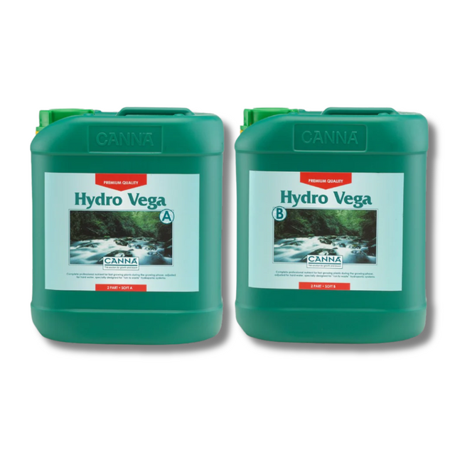 Two green containers labeled 'Hydro Vega' by Canna on a white background