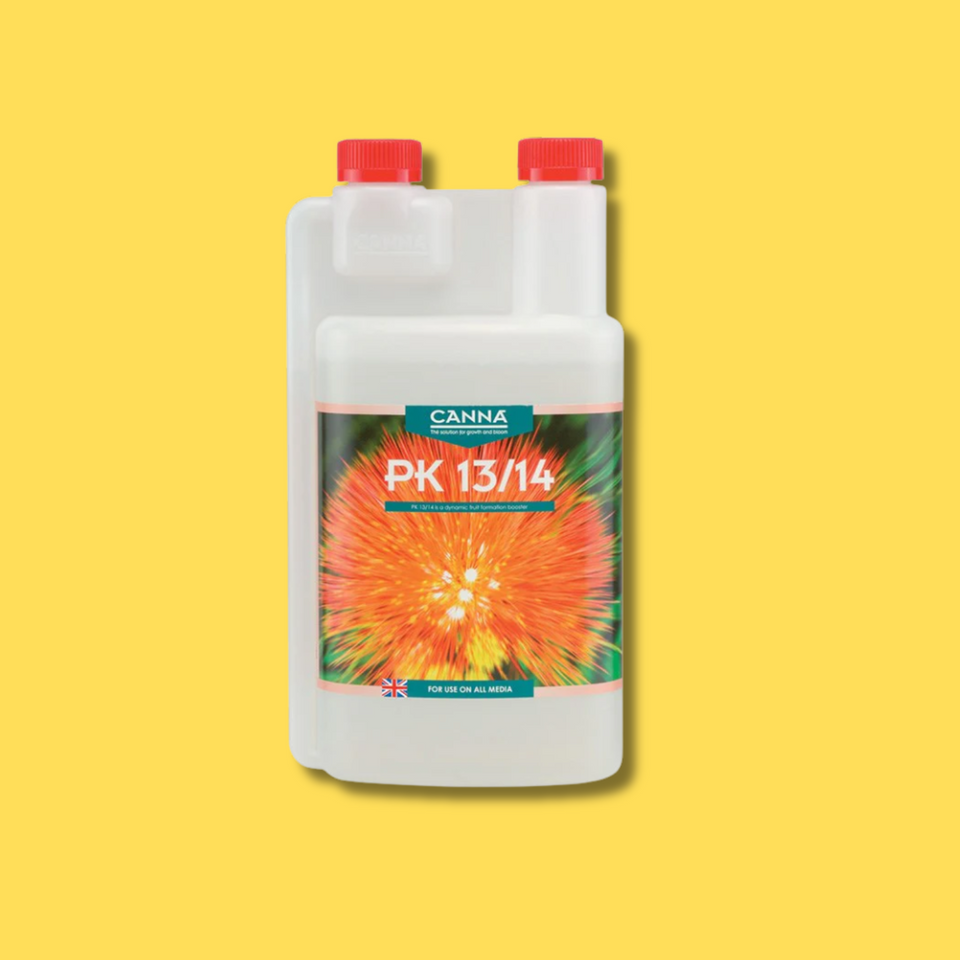Canna PK 13/14 fertilizer bottle on a yellow background