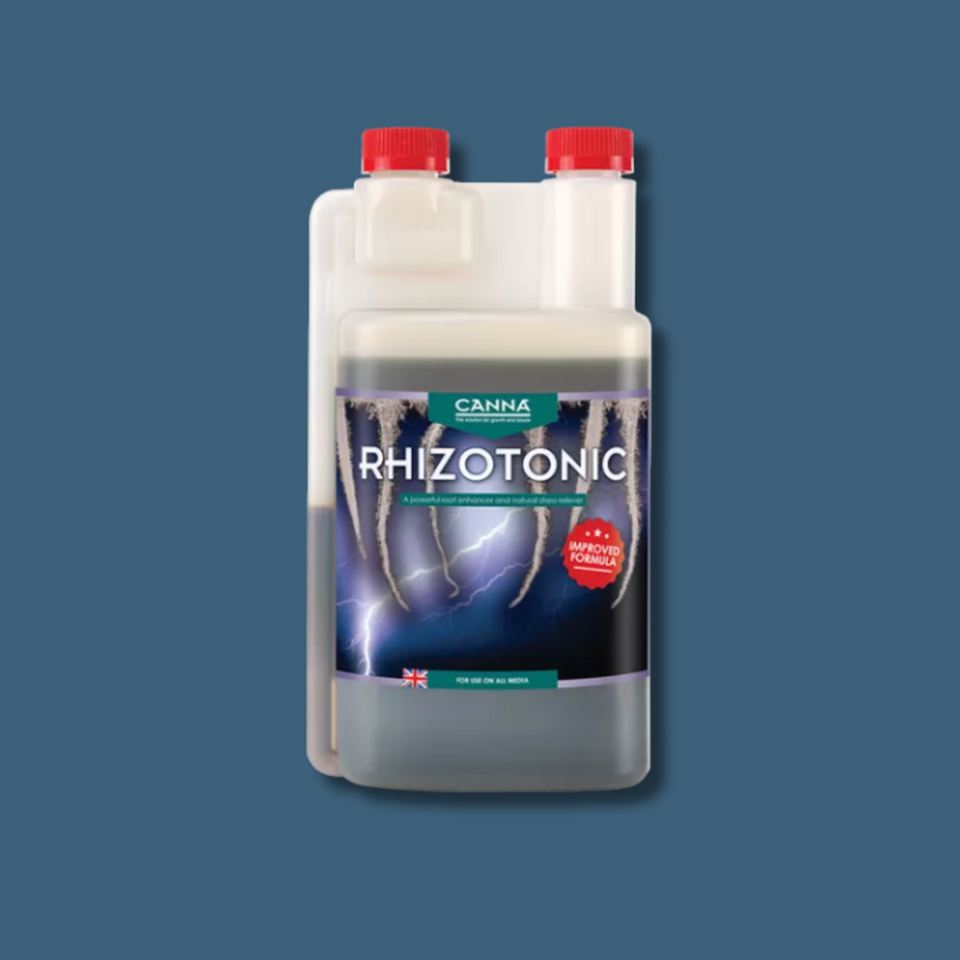 Bottle of Canna Rhizotonic on a blue background
