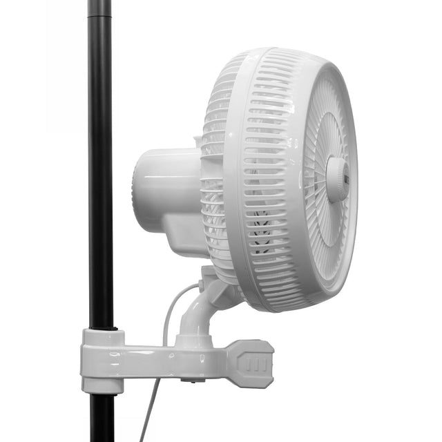 Vortex 10 inch clip fan clipped to a tent pole