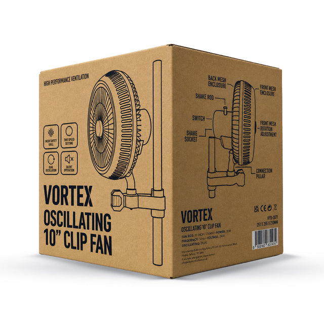 Vortex 10 inch oscillating clip fan retail box