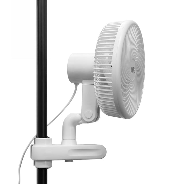 Vortex 8 inch EC clip fan clipped to a tent pole