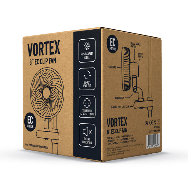 Vortex 8 inch EC clip fan retail box