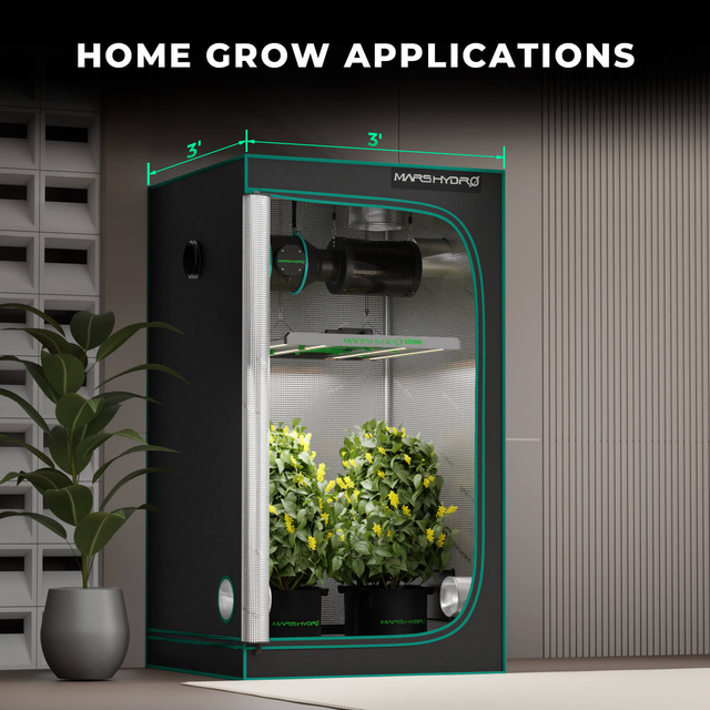 Mars Hydro indoor grow tent with plants inside on a neutral background
