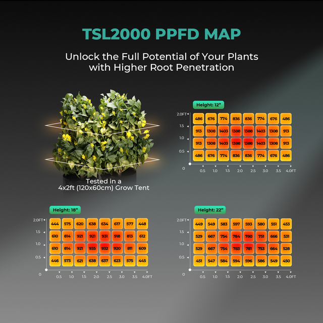 Mars Hydro TSL2000 LED Grow Light (iConnect Edition) PPFD Map