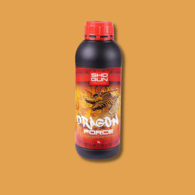 Bottle of Dragon Force fertilizer with a red cap on a yellow background