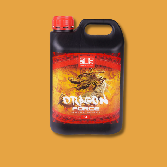Shogun Dragon Force fertilizer bottle on a yellow background