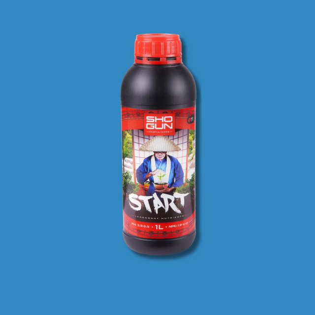 Bottle of Shogun Start fertilizer on a blue background