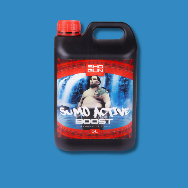 Shogun Sumo Active Boost fertilizer bottle on a blue background