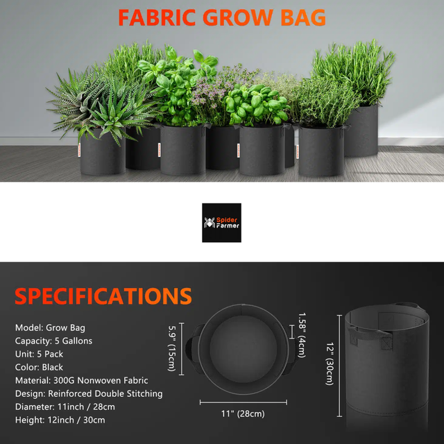 Spider Farmer Root Boosting Grow Bag 22 Litre (5 Pack)
