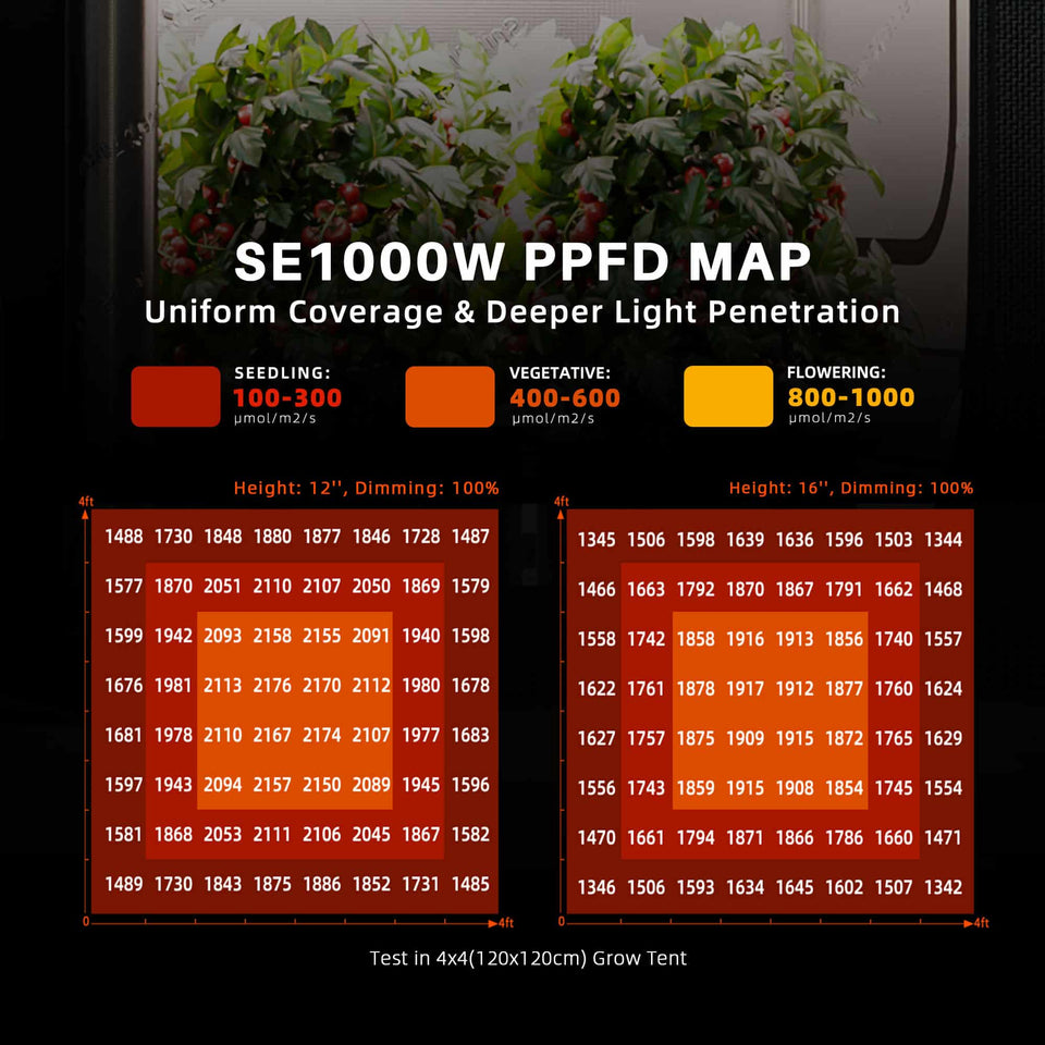 Spider Farmer SE1000 EVO LED Grow Light 1000w PPFD Map